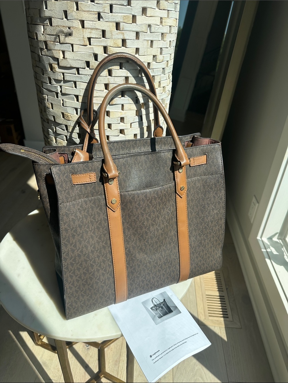 Michael Kors Brown Logo Tote with Tan Leather Accents and Gold Hardware - Picture 3 of 8